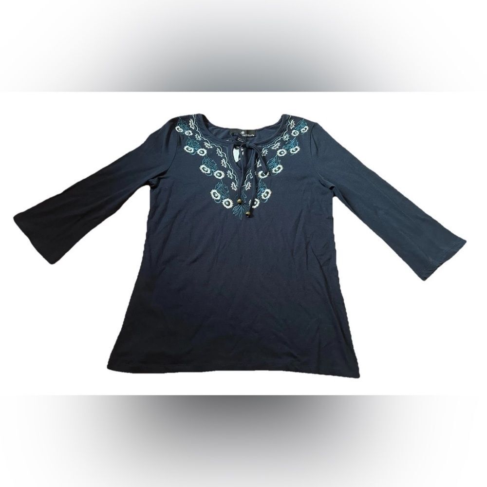 NWT Madison Michelle Navy Blue Boho Blouse Flare Sleeves Embroidered Flowers